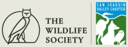 Official logo of The Wildlife Society with an owl next to the logo for the San Joaquin Valley Chapter with an egret, San Joaquin kit fox, burrowing owl, and frog.